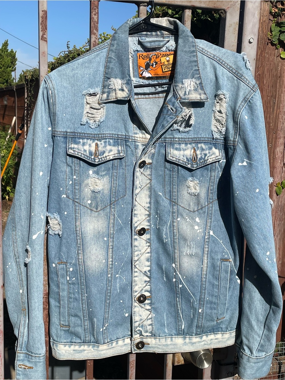 Rollin Paper Distressed Light Blue Denim Jacket with Paint-Splash Detail Unisex